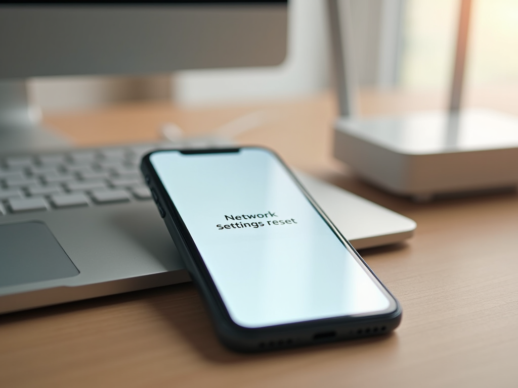 Смартфон на клавиатуре ноутбука, экран телефона показывает сообщение о сбросе сетевых настроек.