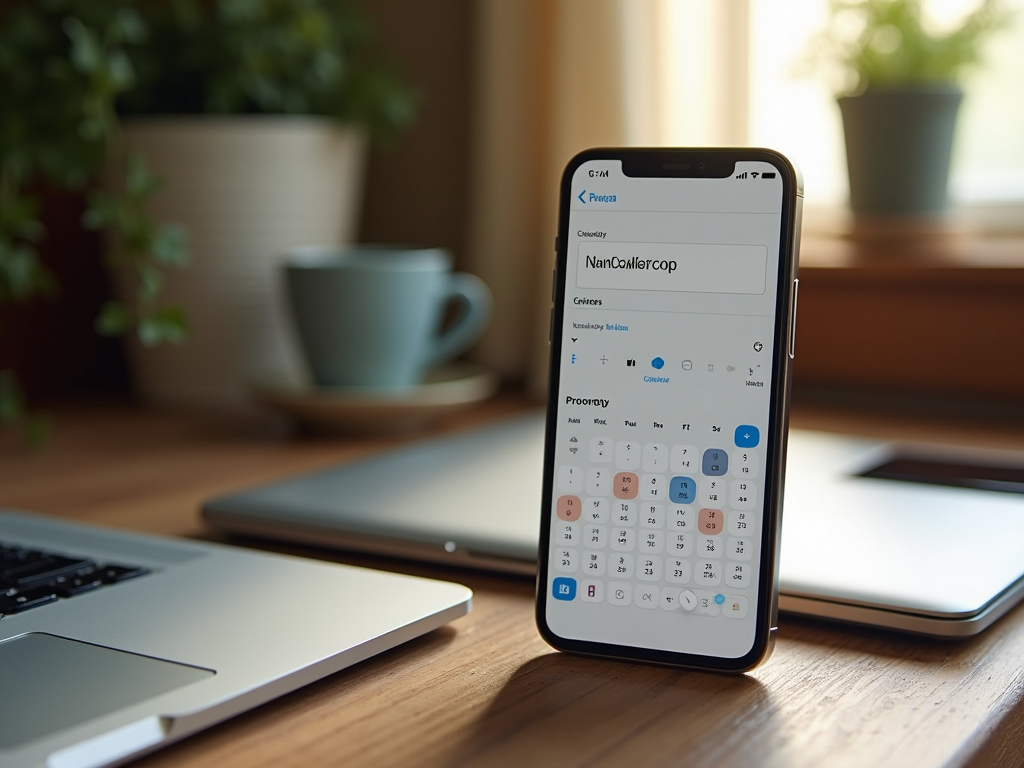 Смартфон на столе с открытым календарем, рядом чашка и ноутбук.