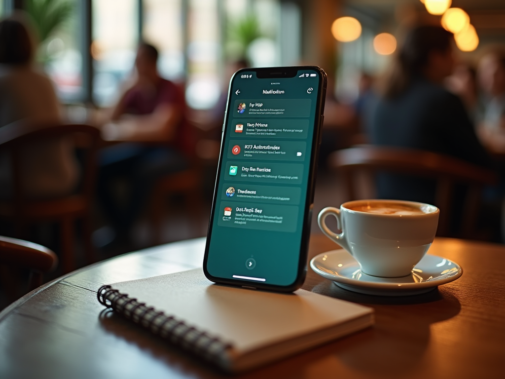 Смартфон на столе в кафе, экран с приложениями на переднем плане, чашка кофе рядом.