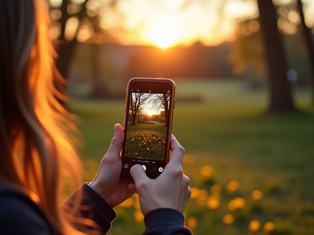 Женщина фотографирует закат через экран смартфона в парке.