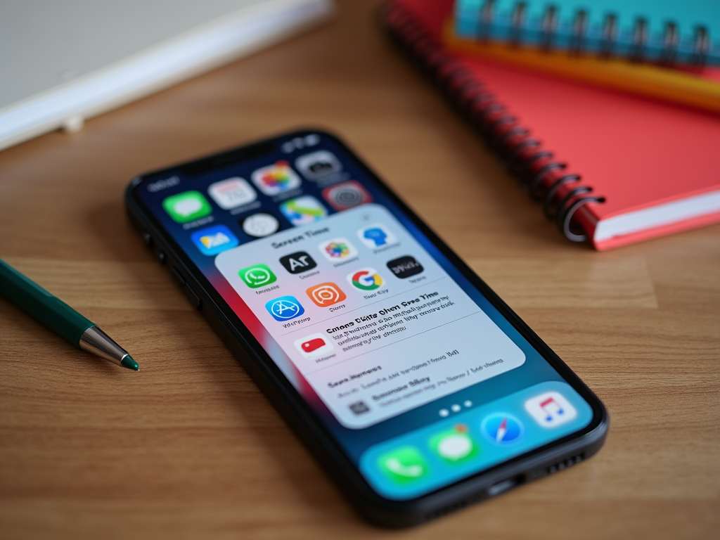 Альтернативный текст: Смартфон на столе с открытым уведомлением и рядом лежащими тетрадью и ручкой.