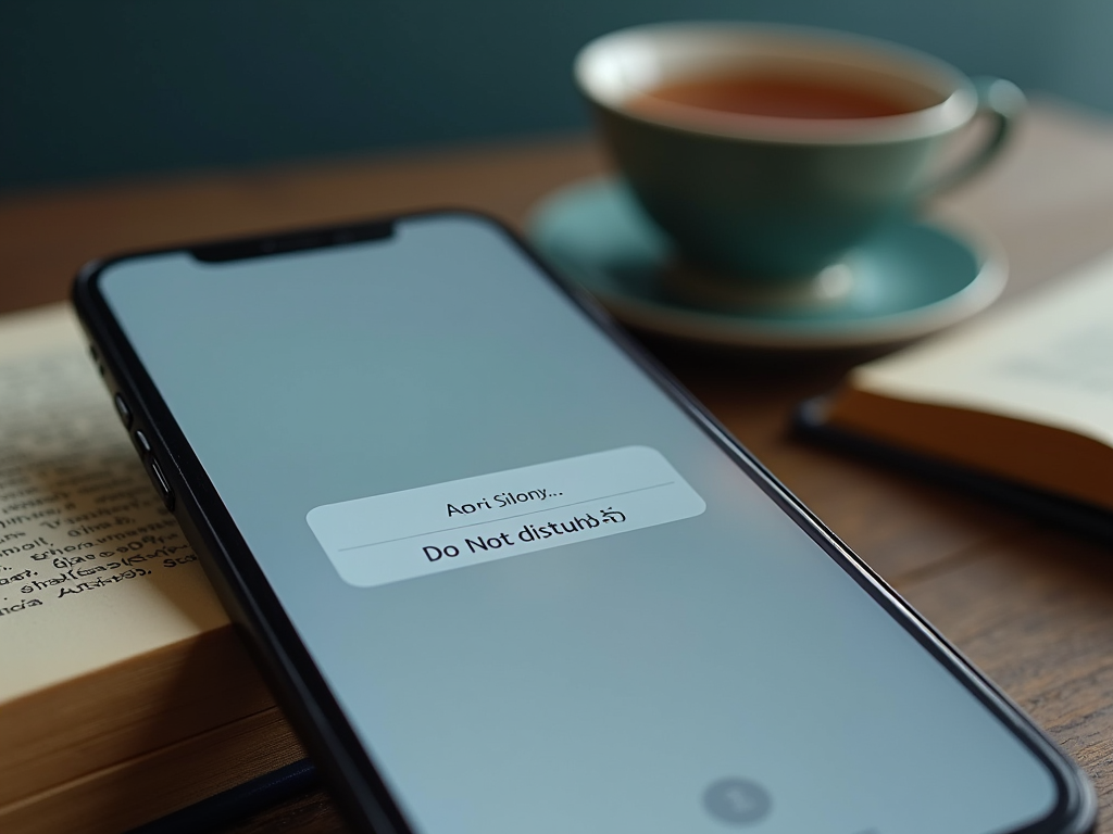 Смартфон на столе показывает уведомление "Не беспокоить", рядом чашка чая и открытая книга.