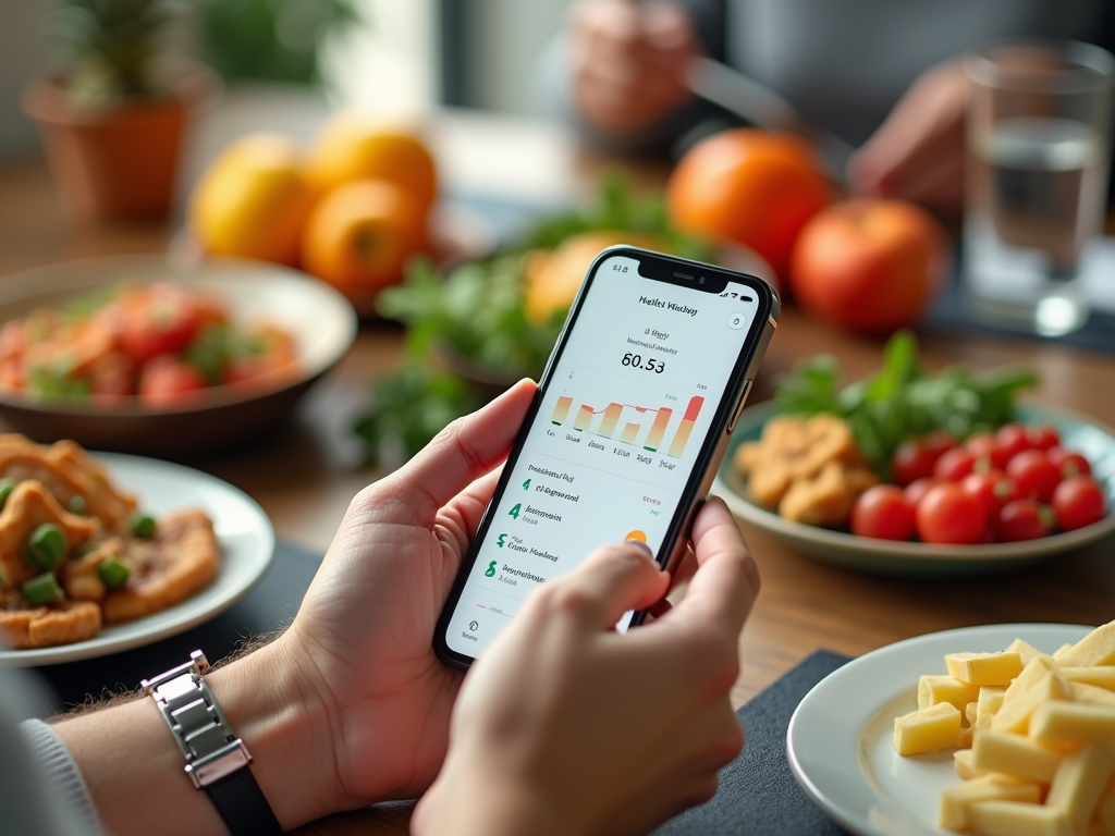 Руки человека с телефоном, показывающим приложение для отслеживания здоровья, на фоне здоровой еды.