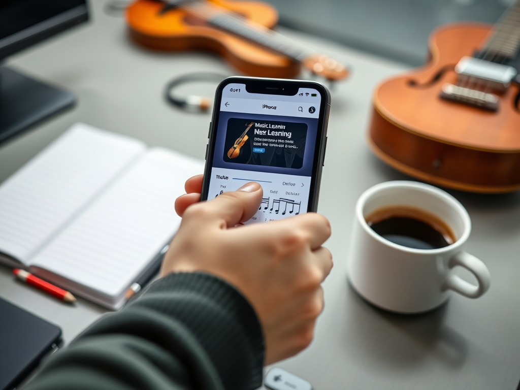 Человек держит телефон с приложением для обучения музыке на фоне гитары и чашки кофе.