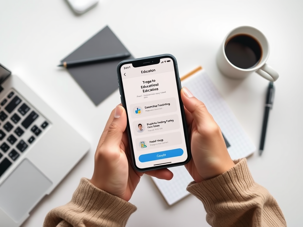 На изображении рука держит телефон с приложением об образовании, рядом находятся блокнот и чашка кофе.